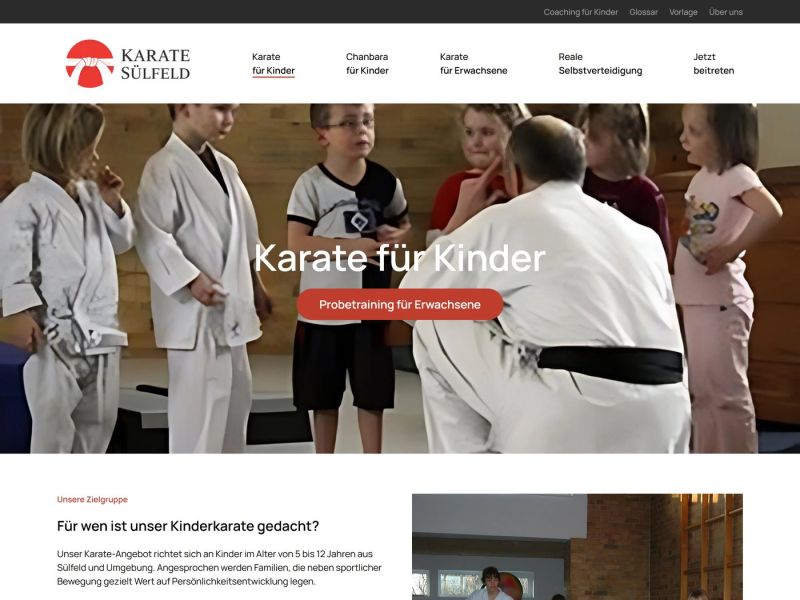 Page “Karate for children”: target group, learning goals, lesson and FAQ