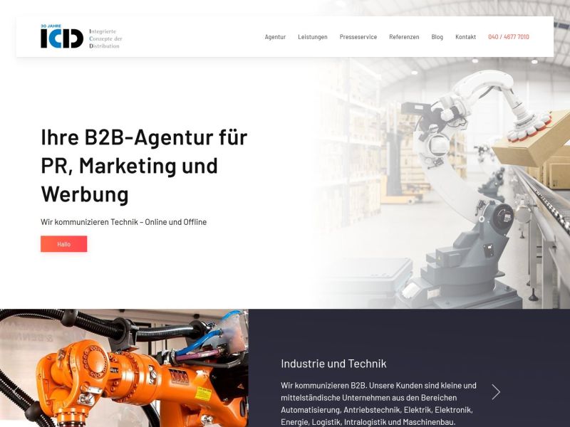 Home page of the B2B agency with trade press work and services