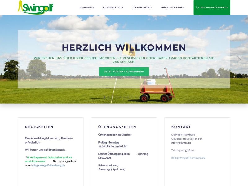 Home page with news, opening hours and contact